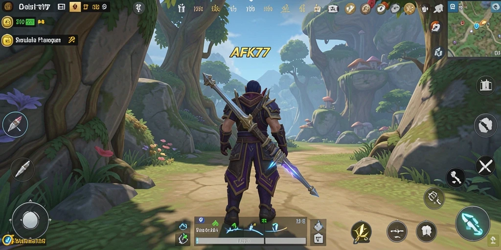 Tampilan gameplay AFK77 dengan karakter menjelajahi dunia.