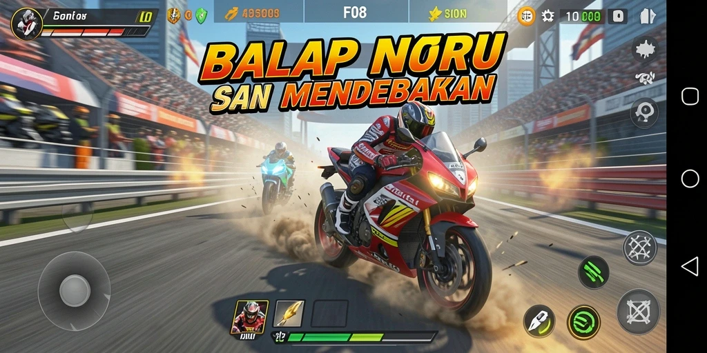 Gameplay F08 yang seru di lintasan balap motor.