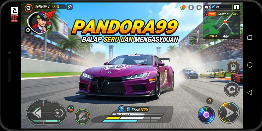 Tampilan gameplay mendebarkan dalam PANDORA99 saat mobil melaju kencang di trek.